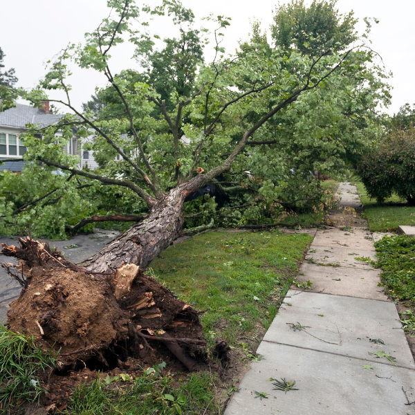 fallen tree in a residential lawn